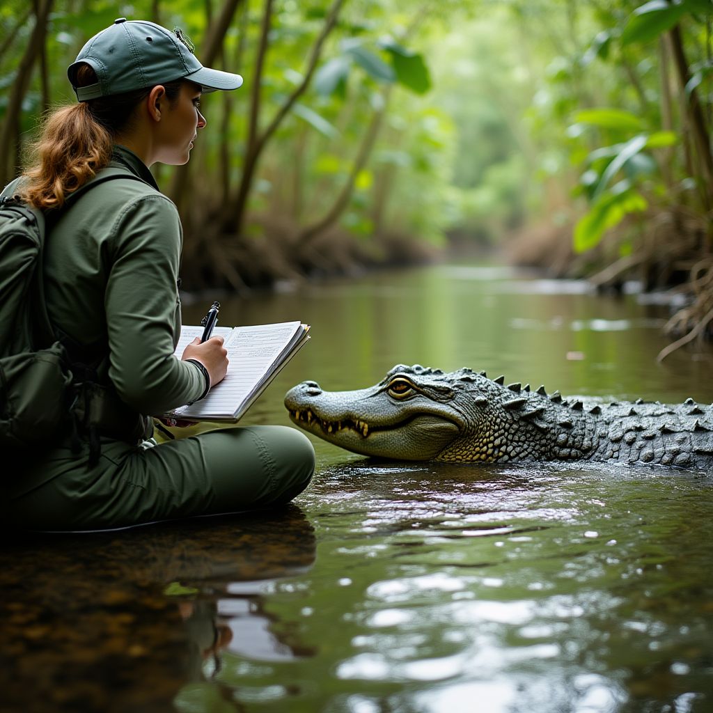 Scientist researching crocodile behavior