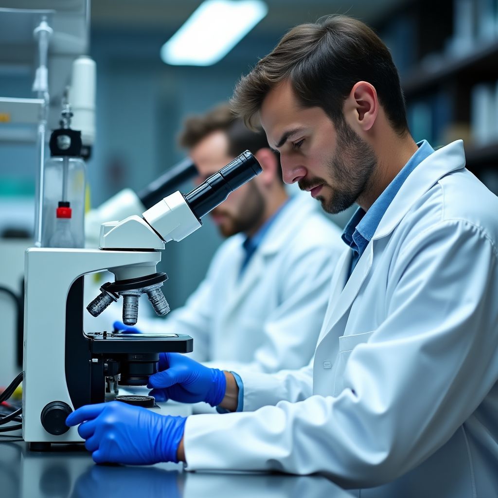 Scientists analyzing samples in laboratory
